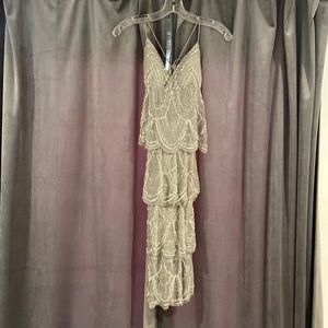 Gray and white beaded Cache cocktail dress